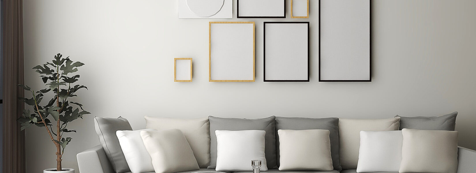A modern living room with a grey couch, a wooden coffee table, and decorative pillows.